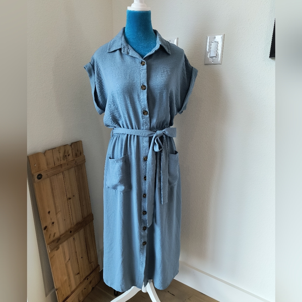 Blue Button-Down Midi Dress Sz M